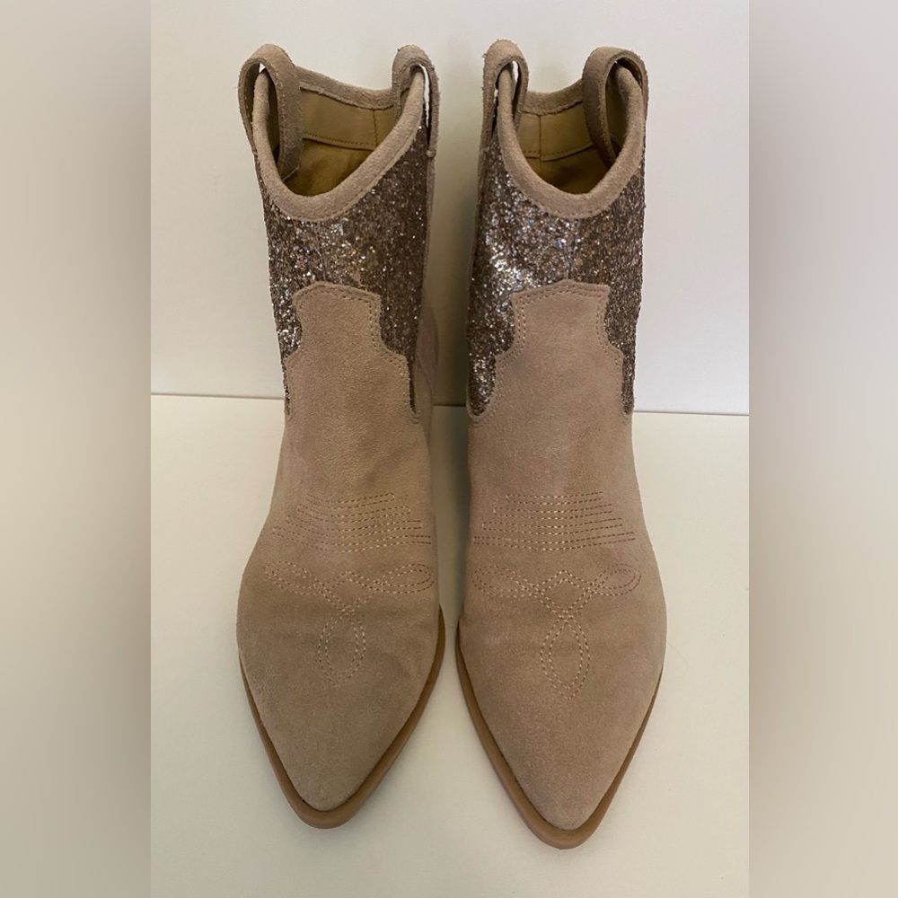 Dolce Vita, light tan suede cowboy booties with silver glitter detail, 8.5 Wn